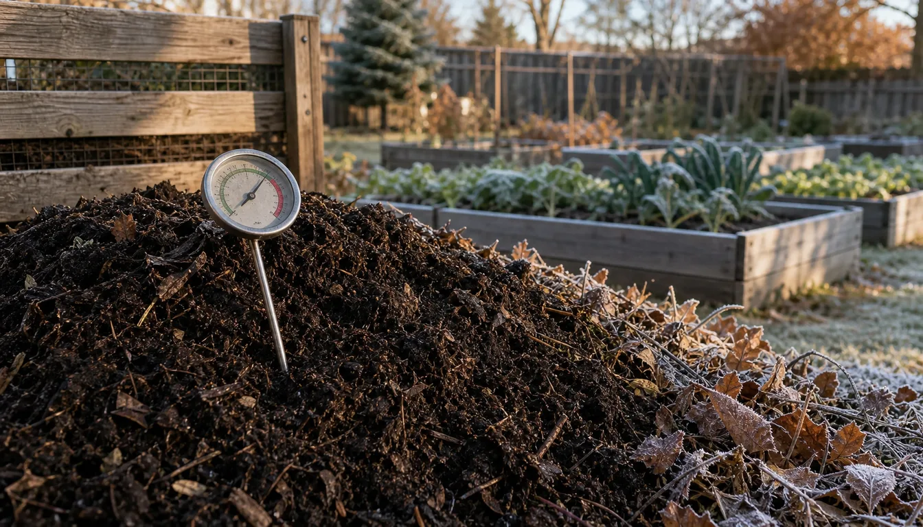 compost thermometer in outdoor compost pile showing temperature in different seasons