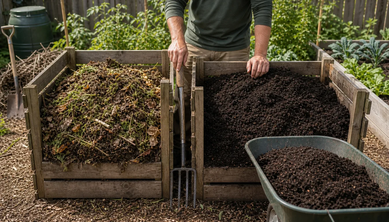 younger compost pile beside dark finished compost in a two-bin backyard compost setup
