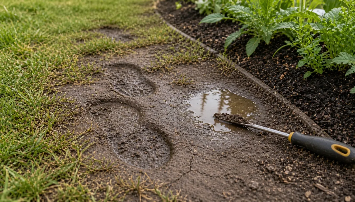 closeup of footprints and standing water on compacted lawn soil