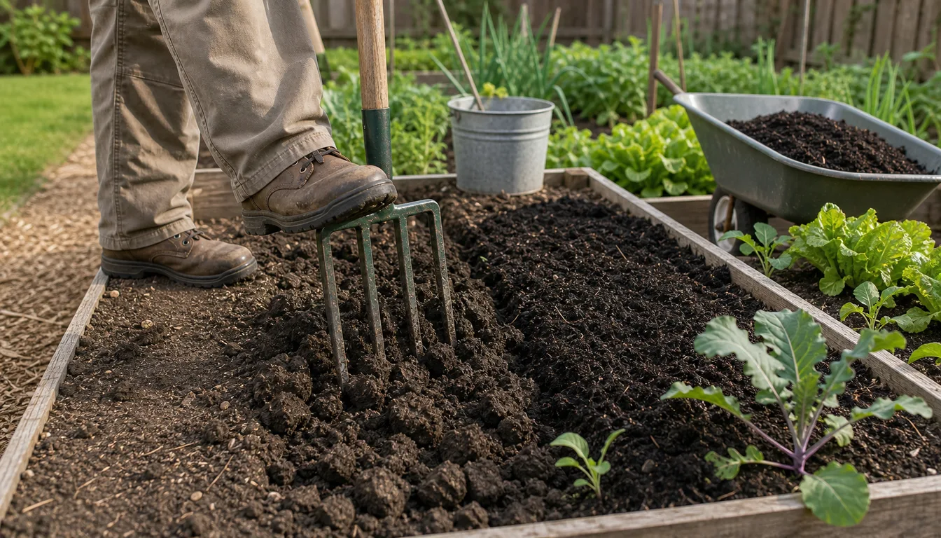 gardener using a broadfork to loosen soil in a raised garden bed