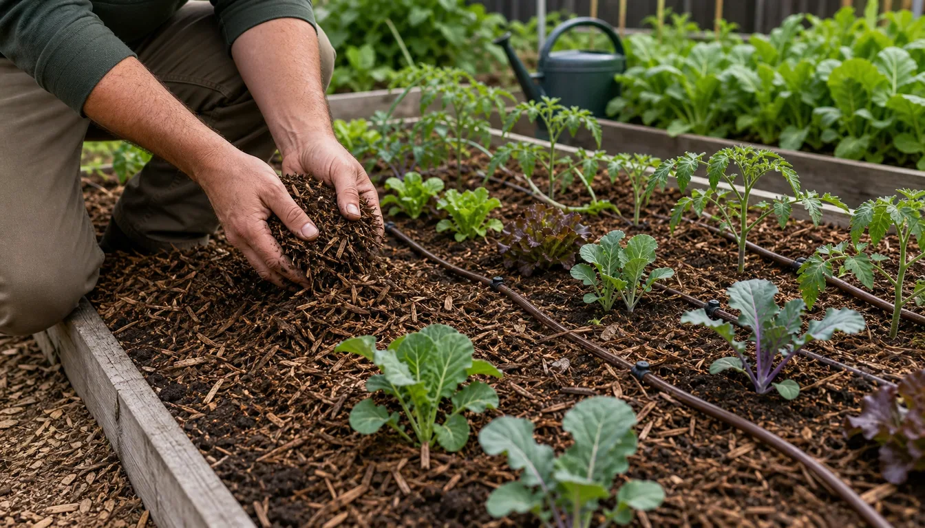 garden bed with fresh mulch after soil aeration work