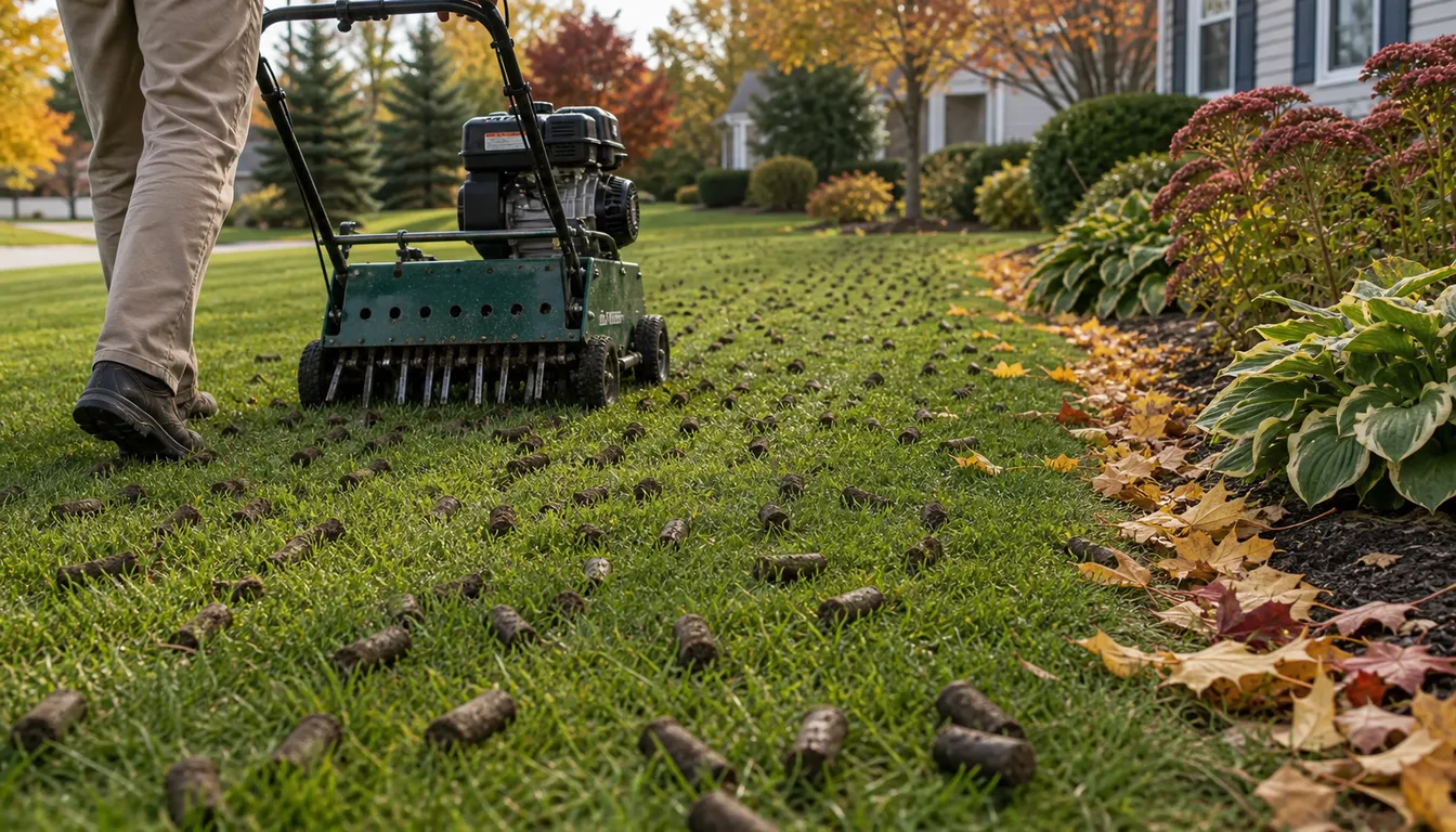 lawn being core aerated in fall with plugs on surface