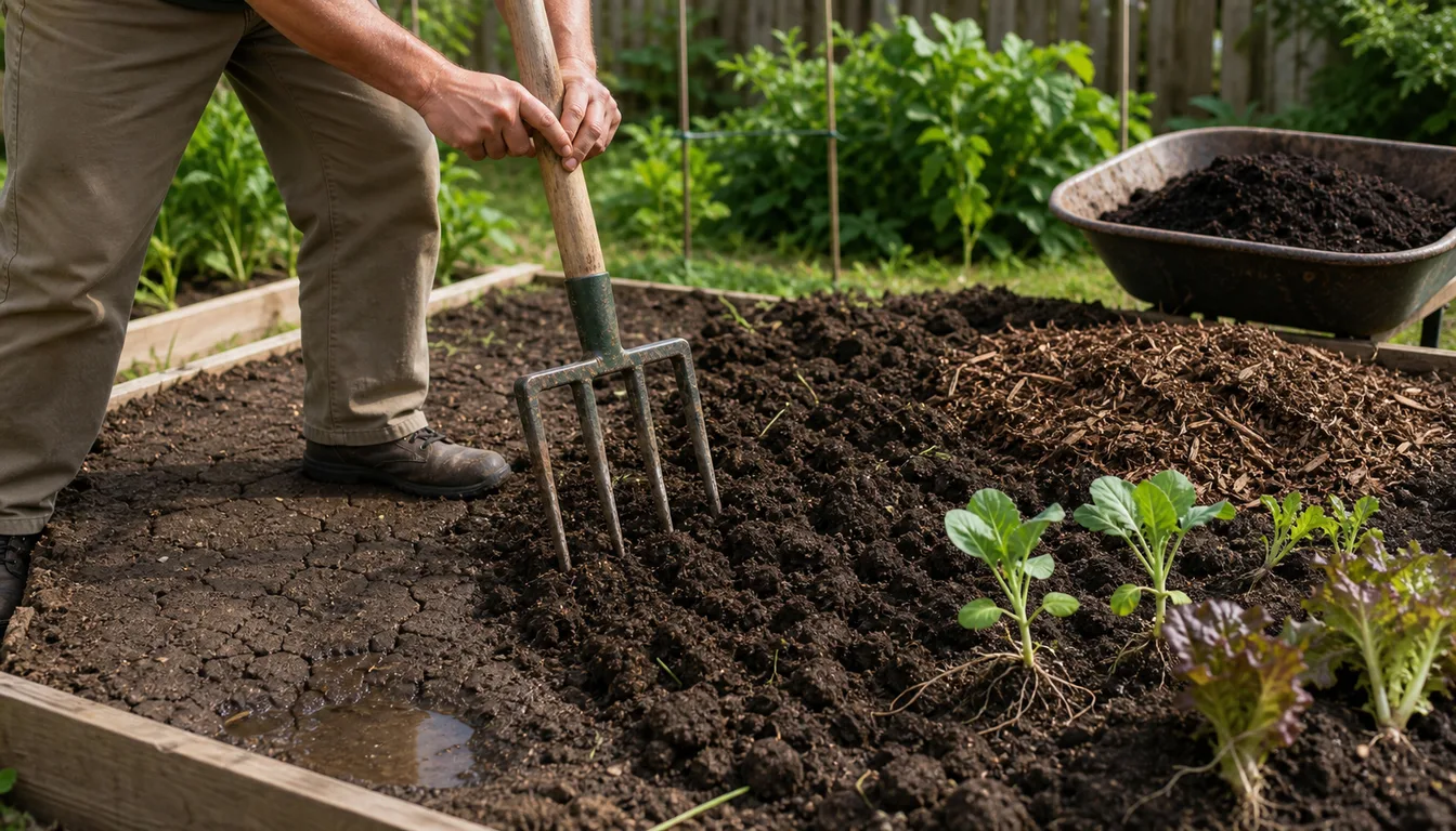 gardener loosening compacted garden soil with a broadfork beside compost and mulch