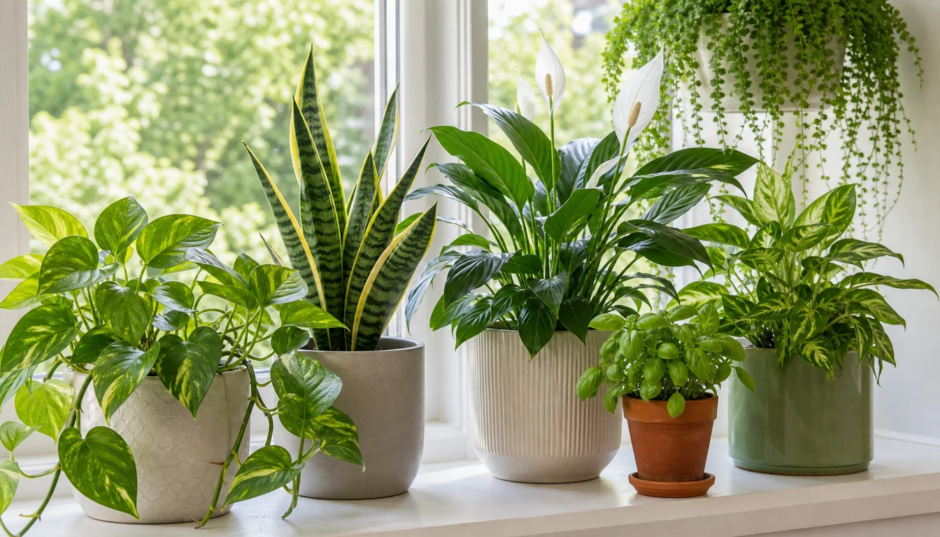 pothos, snake plant, peace lily, basil, and other indoor plants growing beside a bright window