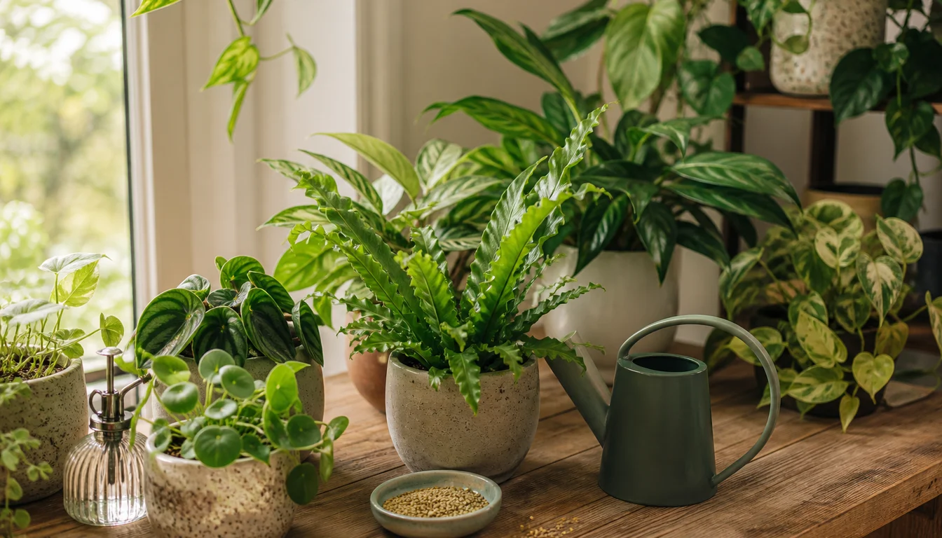 watering can and a small dish of fertilizer granules beside potted indoor foliage plants