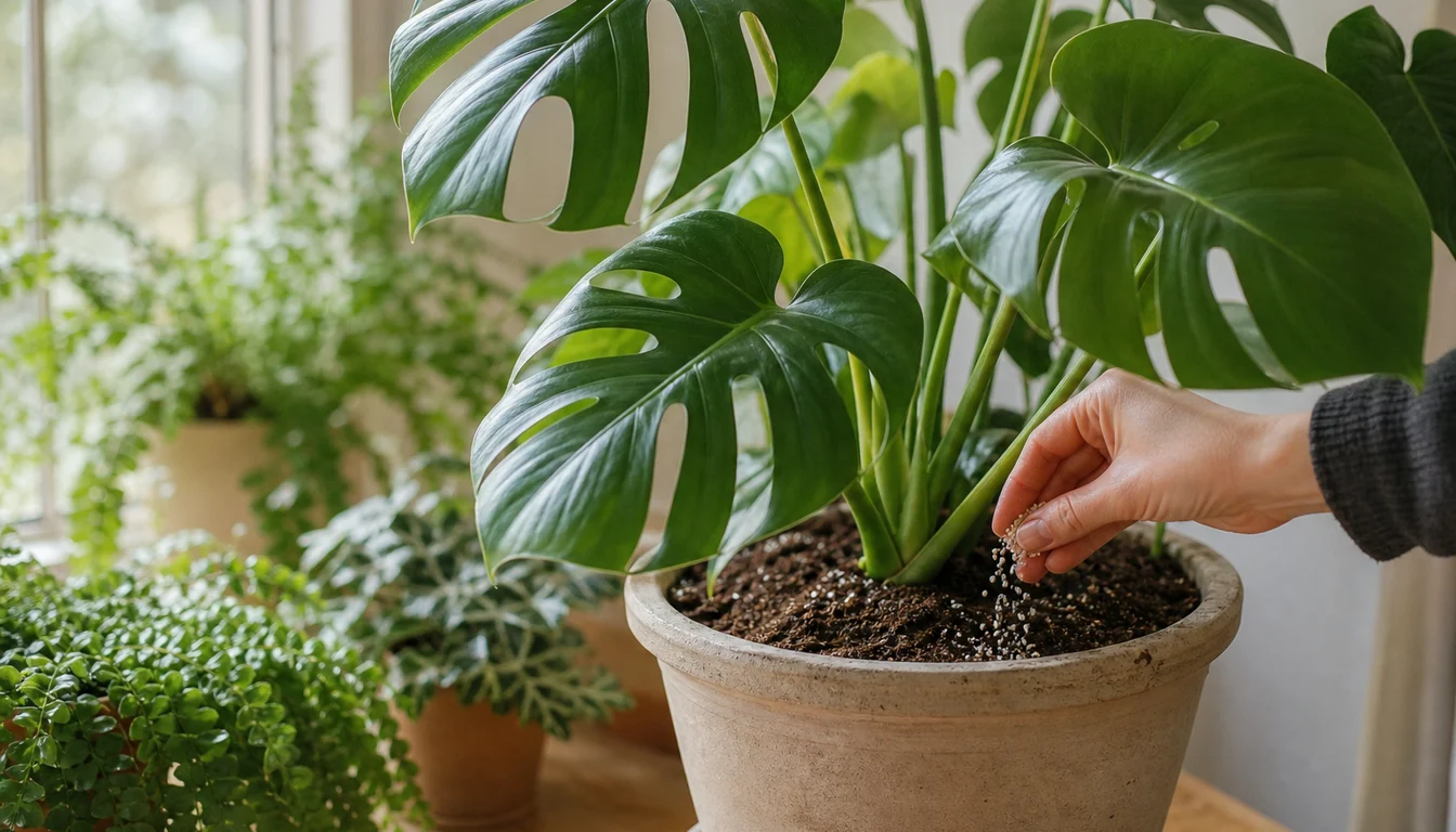 hand applying a measured pinch of slow-release granules to a large monstera pot