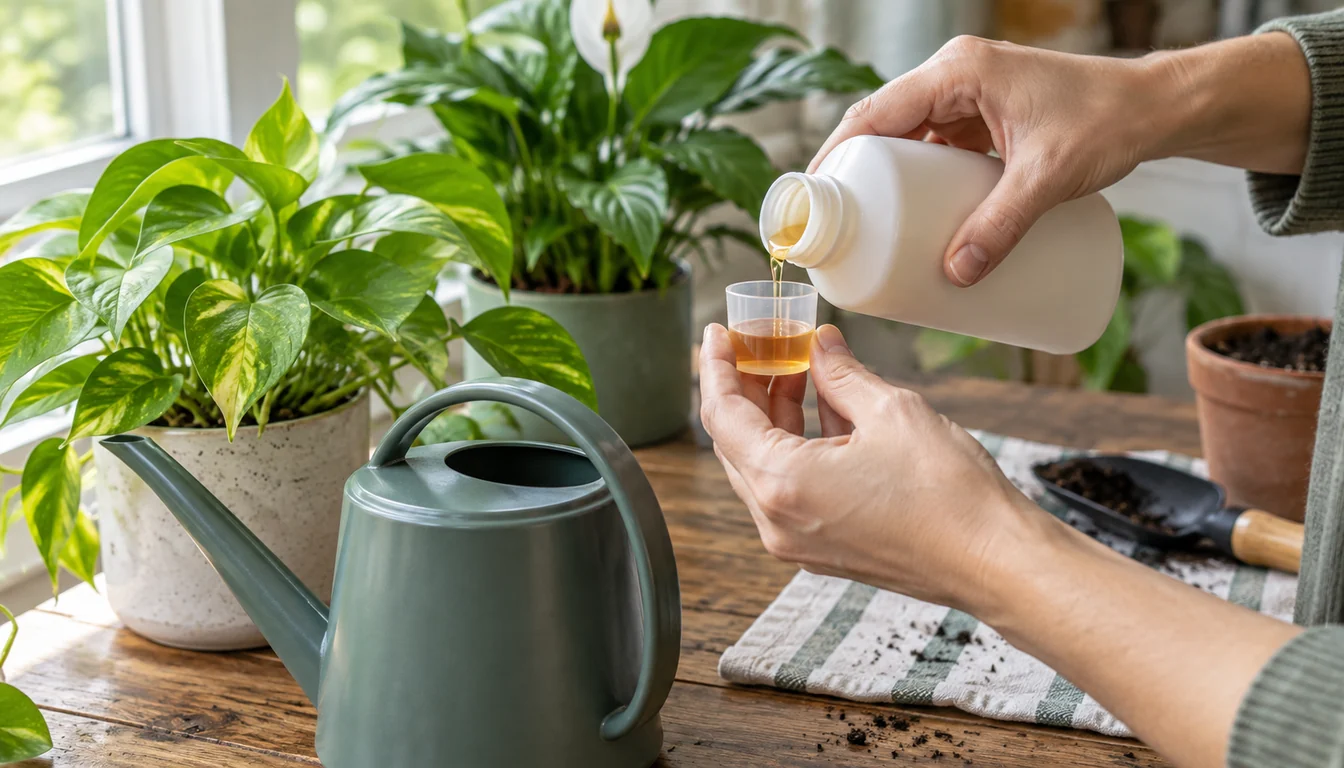person measuring liquid houseplant fertilizer into a small cup beside a watering can