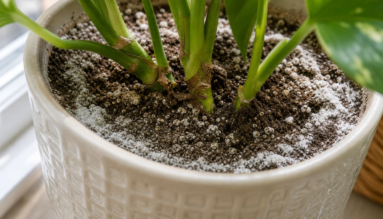 white mineral and fertilizer salt crust on the surface of potting mix around an indoor plant