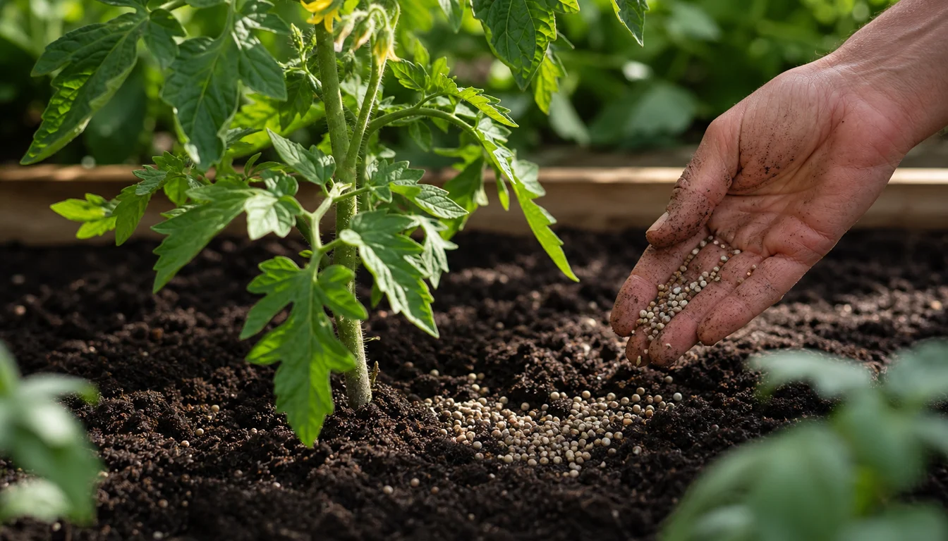 plain fertilizer bag with three blank NPK blocks beside a measuring scoop and vegetable seedlings