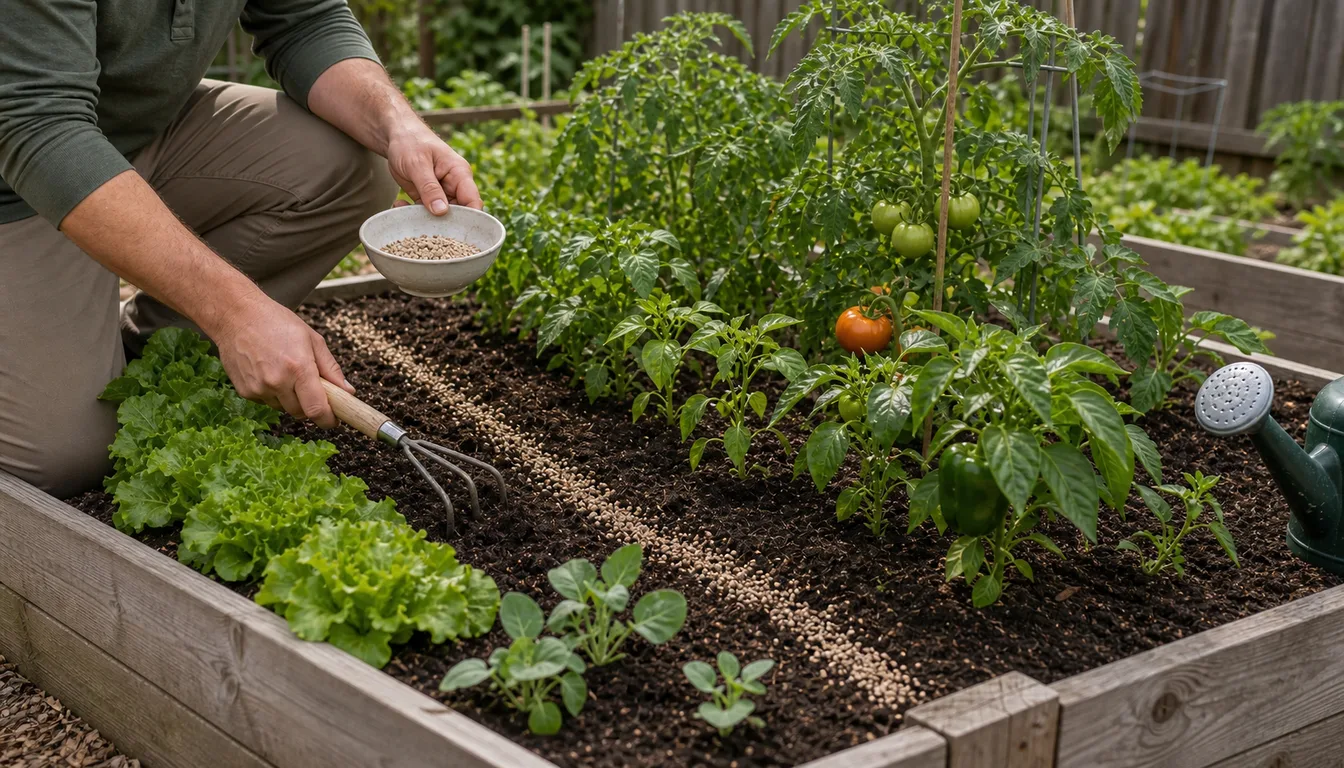 gardener side dressing granular fertilizer beside vegetable plants