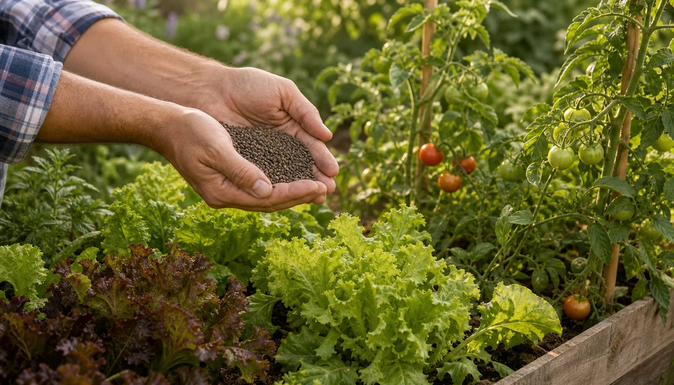home gardener comparing a blank soil test chart to compost and unlabeled fertilizer containers