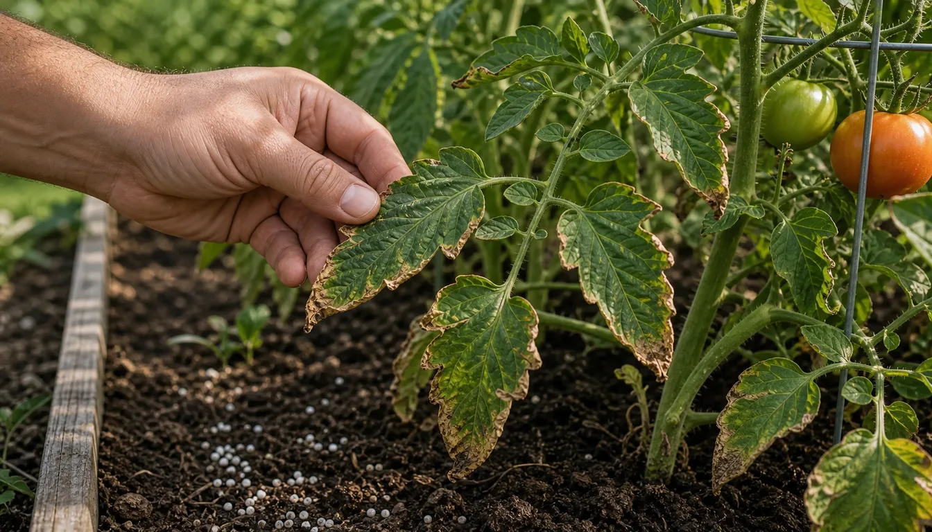 tomato plant leaves with fertilizer burn on edges