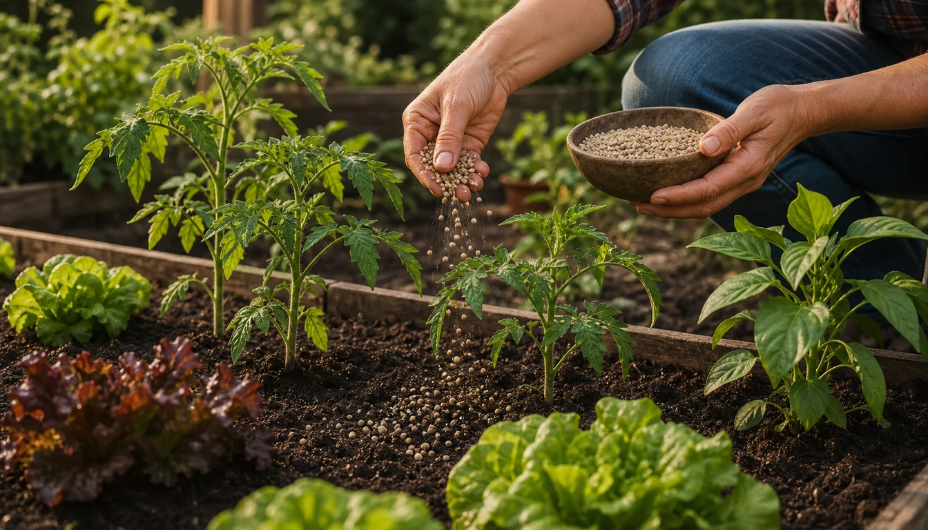 vegetable seedlings grouped by crop beside compost, fertilizer, and a blank garden planning sheet