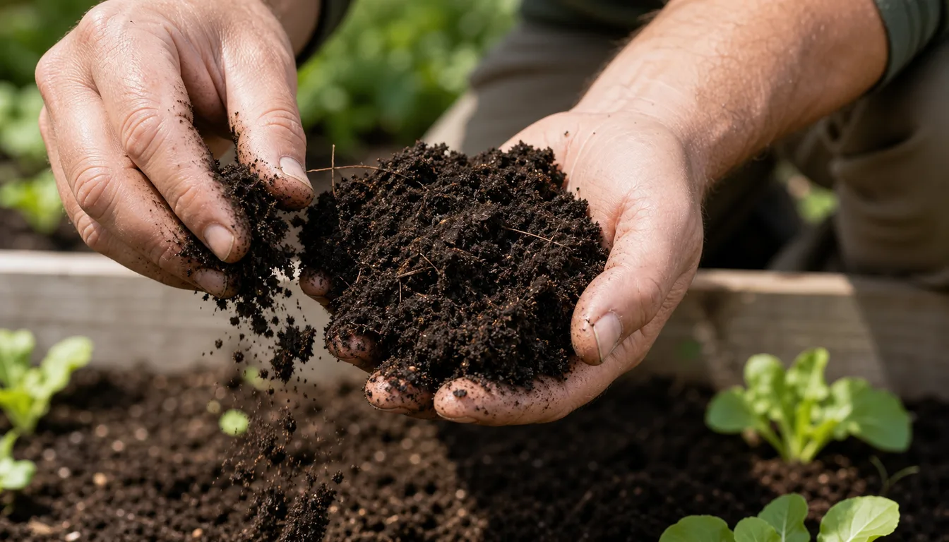 hand holding crumbly dark loamy garden soil close up
