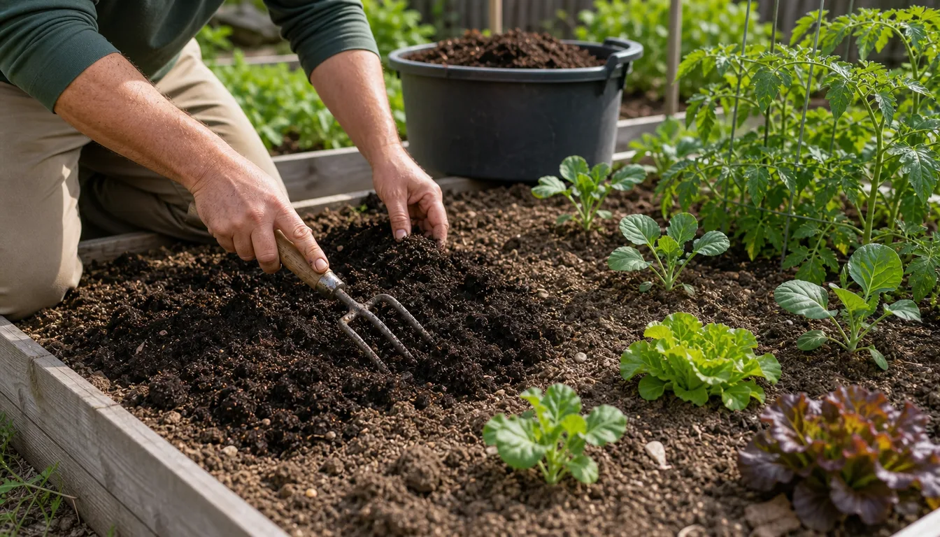 gardener mixing compost into vegetable garden soil