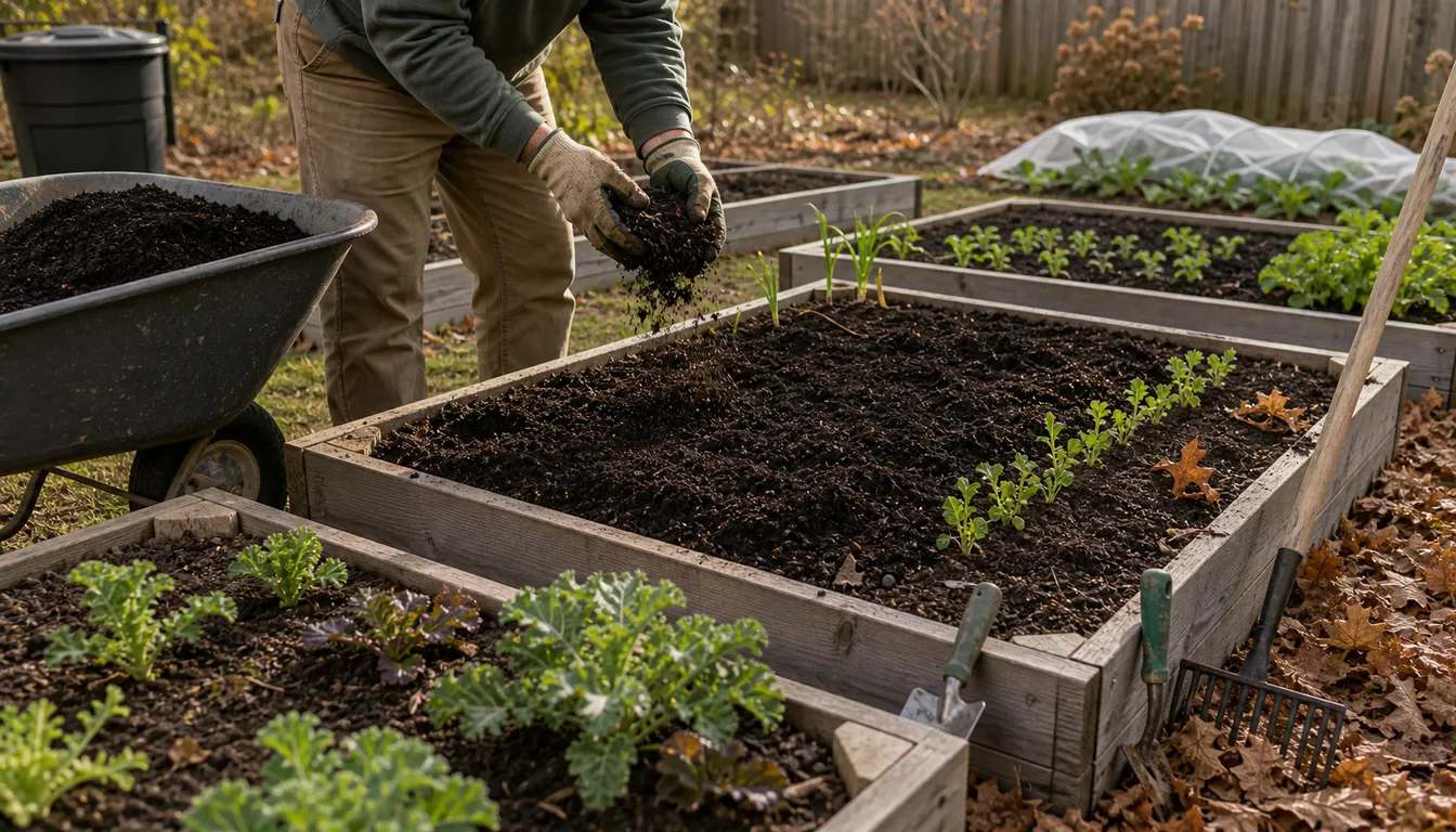 garden beds being amended with compost in spring and fall