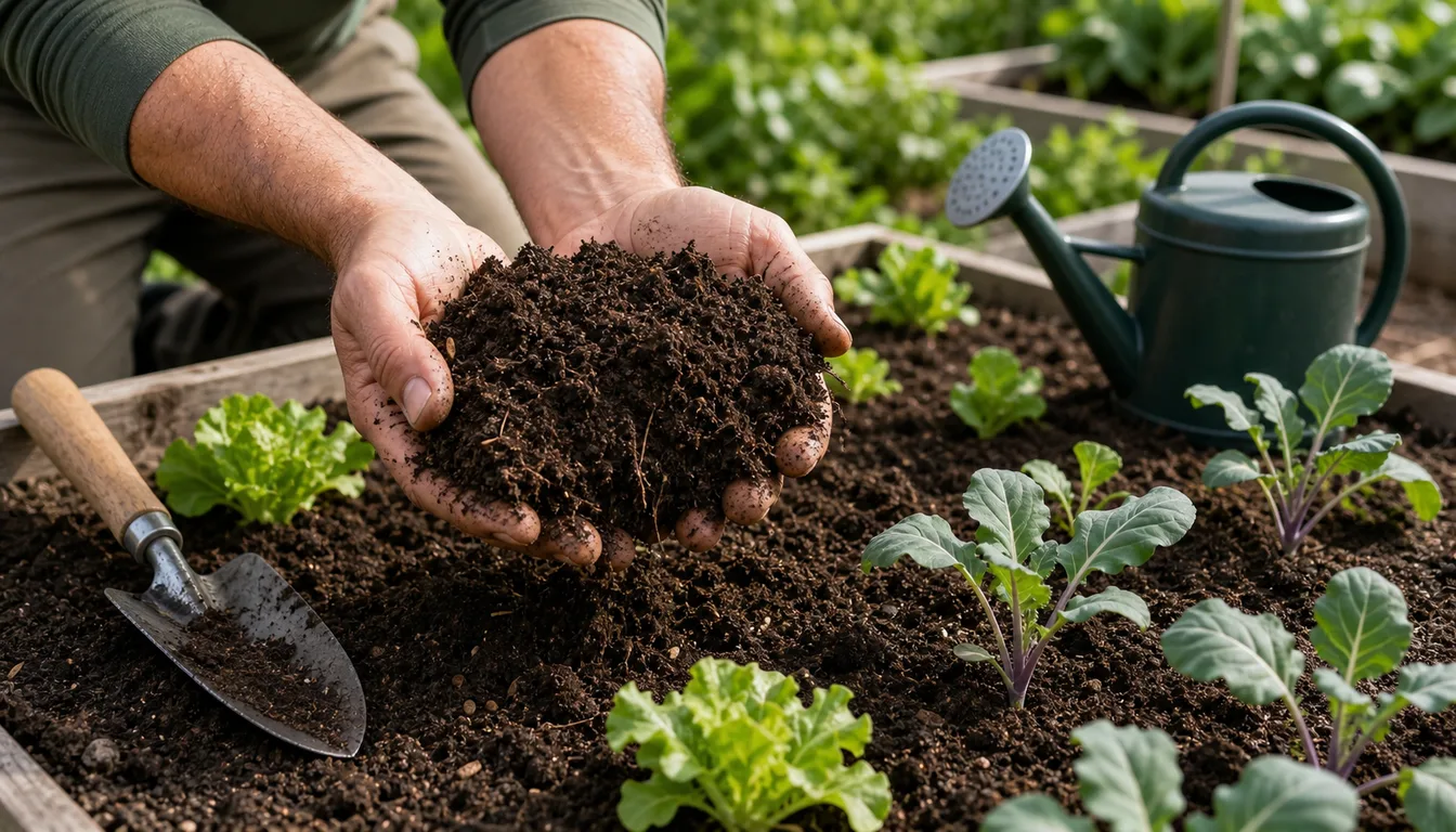 gardener holding crumbly dark loamy soil above a healthy vegetable bed