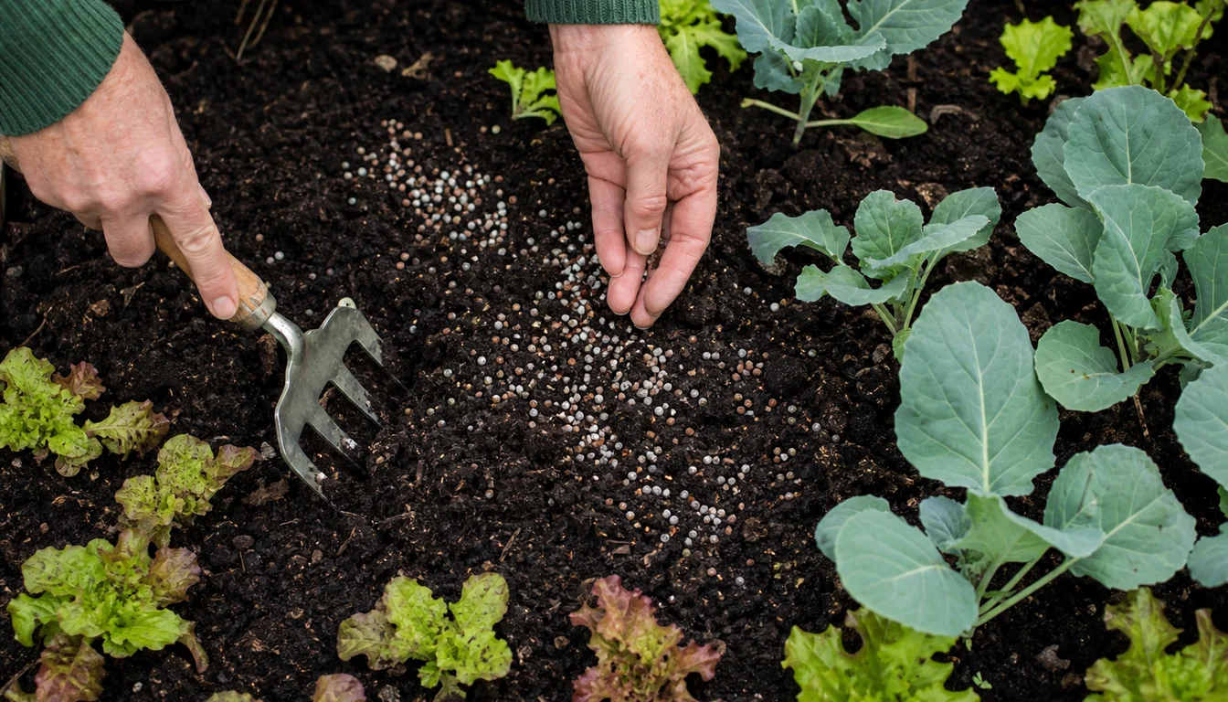 Hand scratching pale fertilizer granules into dark bed soil with a small hand fork between young cabbage-family transplants and lettuce seedlings