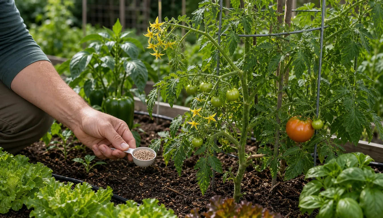 Hand pouring granular fertilizer from a small scoop onto the soil beside a tomato plant carrying green fruit and yellow flowers