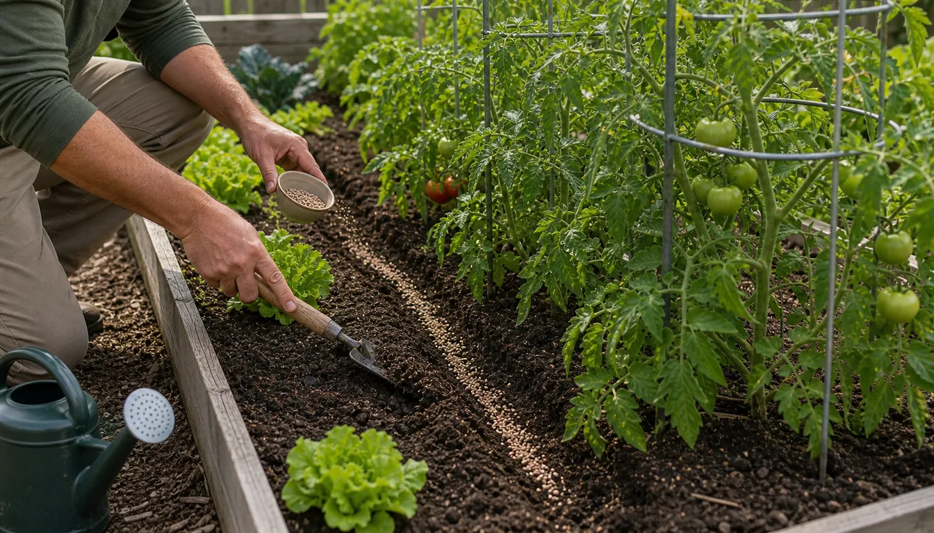 Gardener trickling a narrow band of granular fertilizer from a cup along the soil beside a row of caged tomato plants in a raised bed