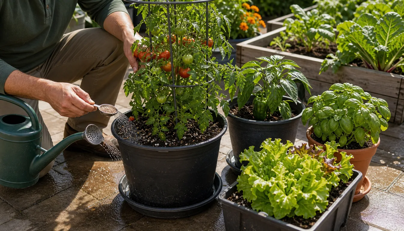 Gardener sprinkling granular fertilizer from a spoon onto the mix of a potted tomato on a patio, with potted peppers, basil and lettuce nearby