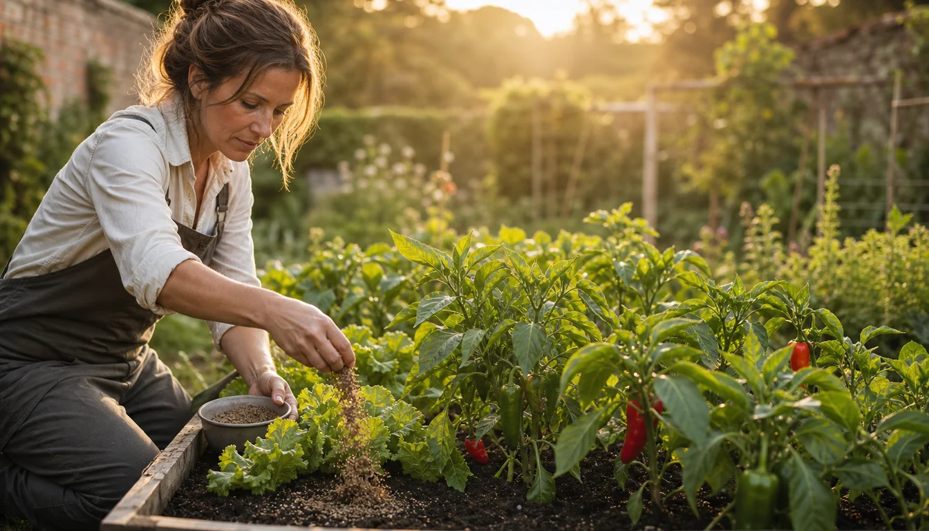 gardener planning vegetable garden fertilizer timing with soil sample and crop stages nearby