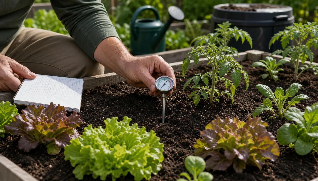 Gardener holding a notepad beside a dial soil thermometer pushed into a raised bed of lettuce and young tomato plants