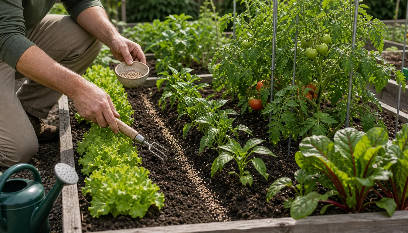 Gardener working a band of granular fertilizer into the soil with a hand cultivator beside a row of lettuce in a raised bed with tomatoes and chard