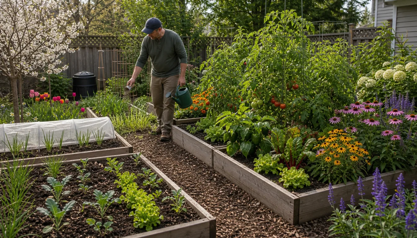 Backyard with raised vegetable beds, a mixed flower border of coneflowers and salvia, a small flowering tree and a gardener carrying a watering can along a mulched path