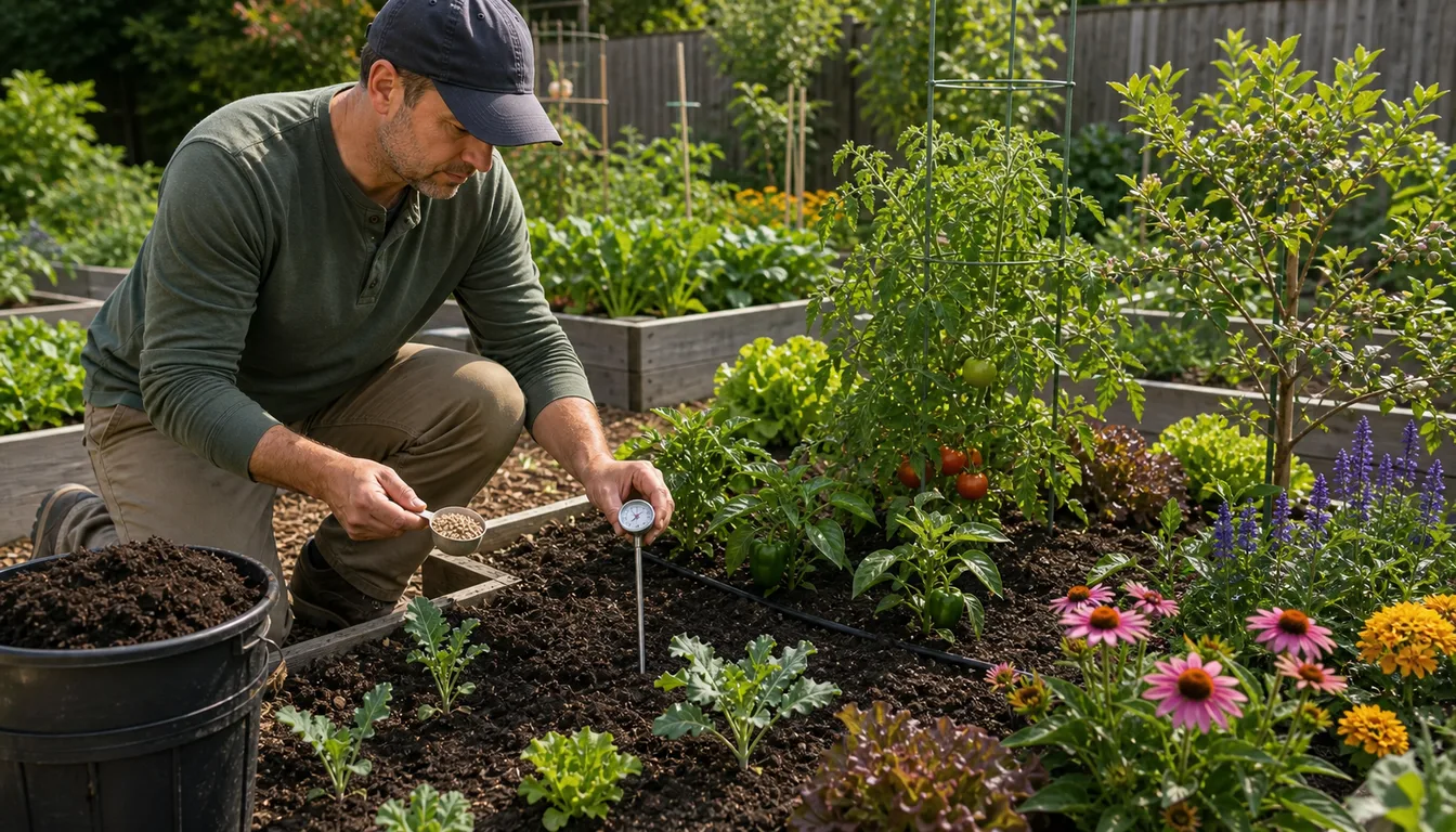 gardener checking soil temperature before fertilizing mixed vegetable and flower beds