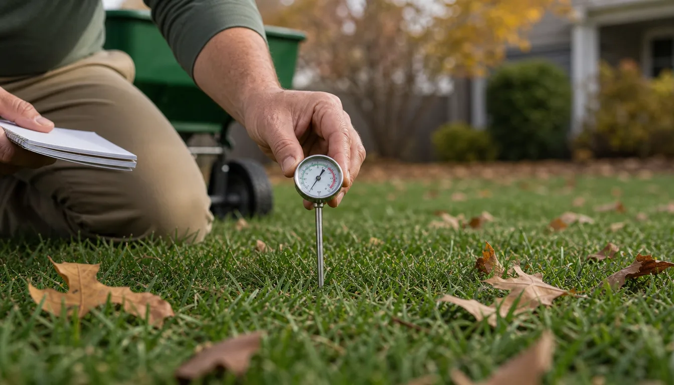 close-up of soil thermometer inserted in home lawn