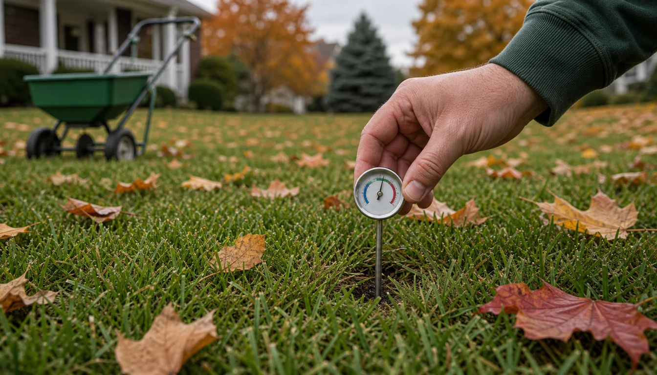 homeowner checking soil temperature in lawn with probe thermometer