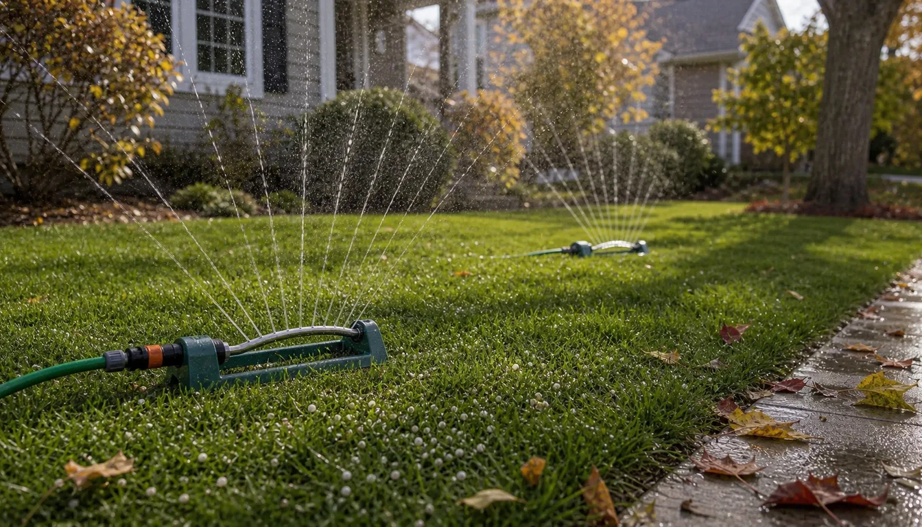 sprinklers watering a suburban lawn after fertilizing