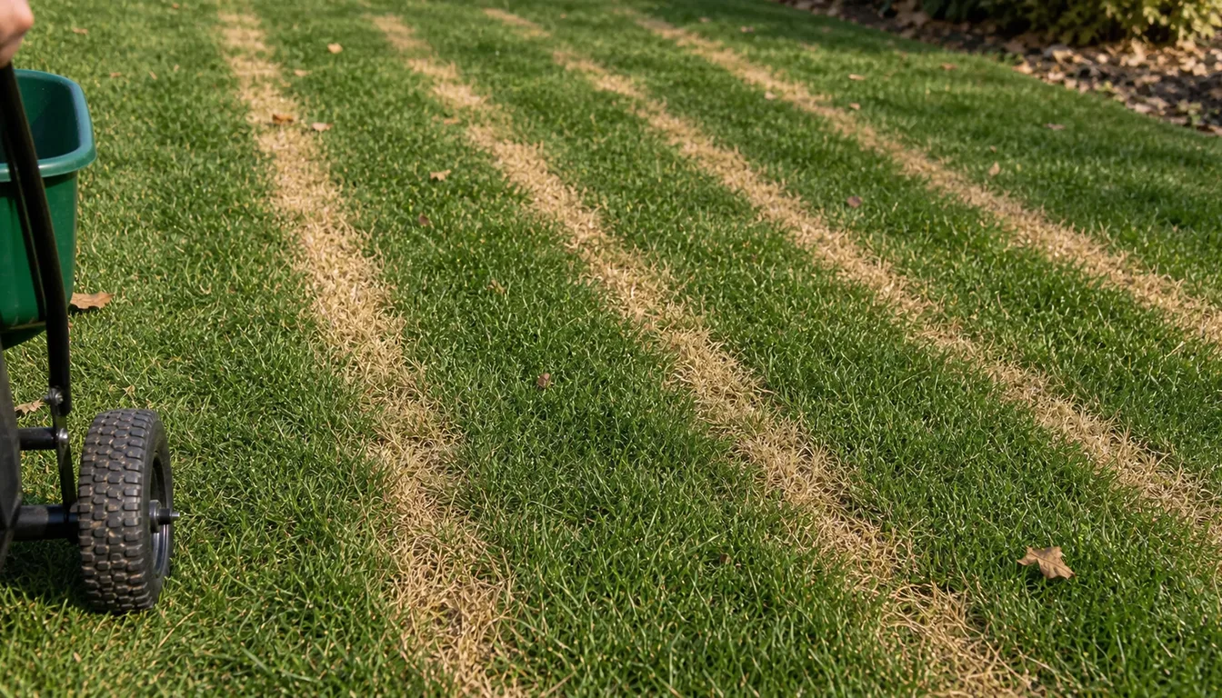 close up of fertilizer burn stripes on residential lawn