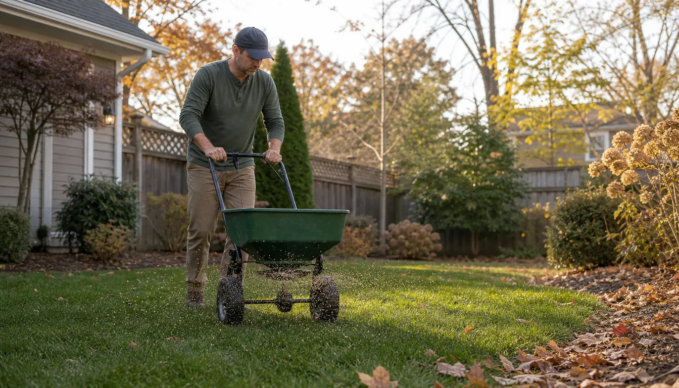 homeowner spreading fall fertilizer across a suburban lawn with autumn leaves nearby