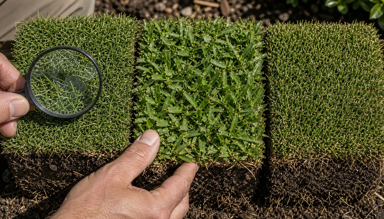 close up comparison of bermuda st augustine and zoysia grass blades