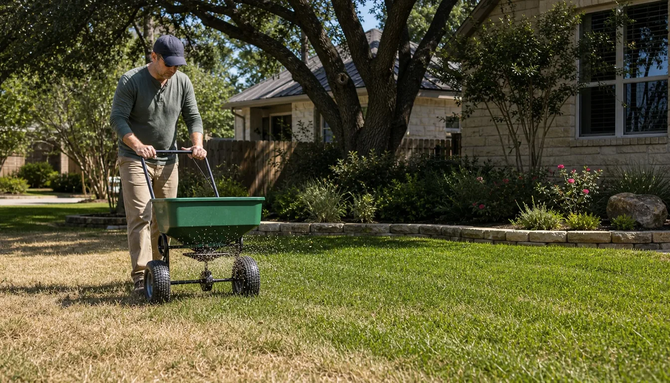 texas homeowner applying lawn fertilizer with a broadcast spreader under live oak shade