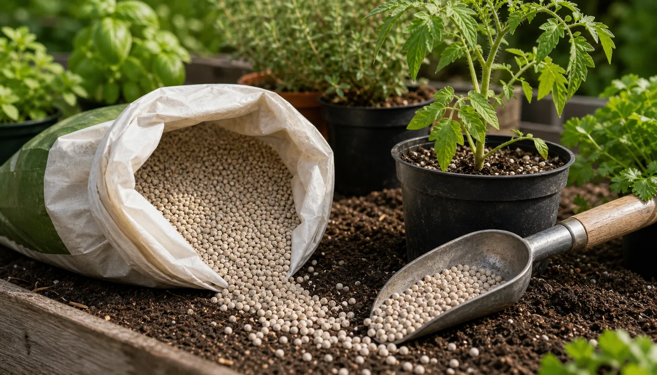 Open bag of pale granular fertilizer and a metal scoop on garden soil beside a young potted tomato and pots of herbs