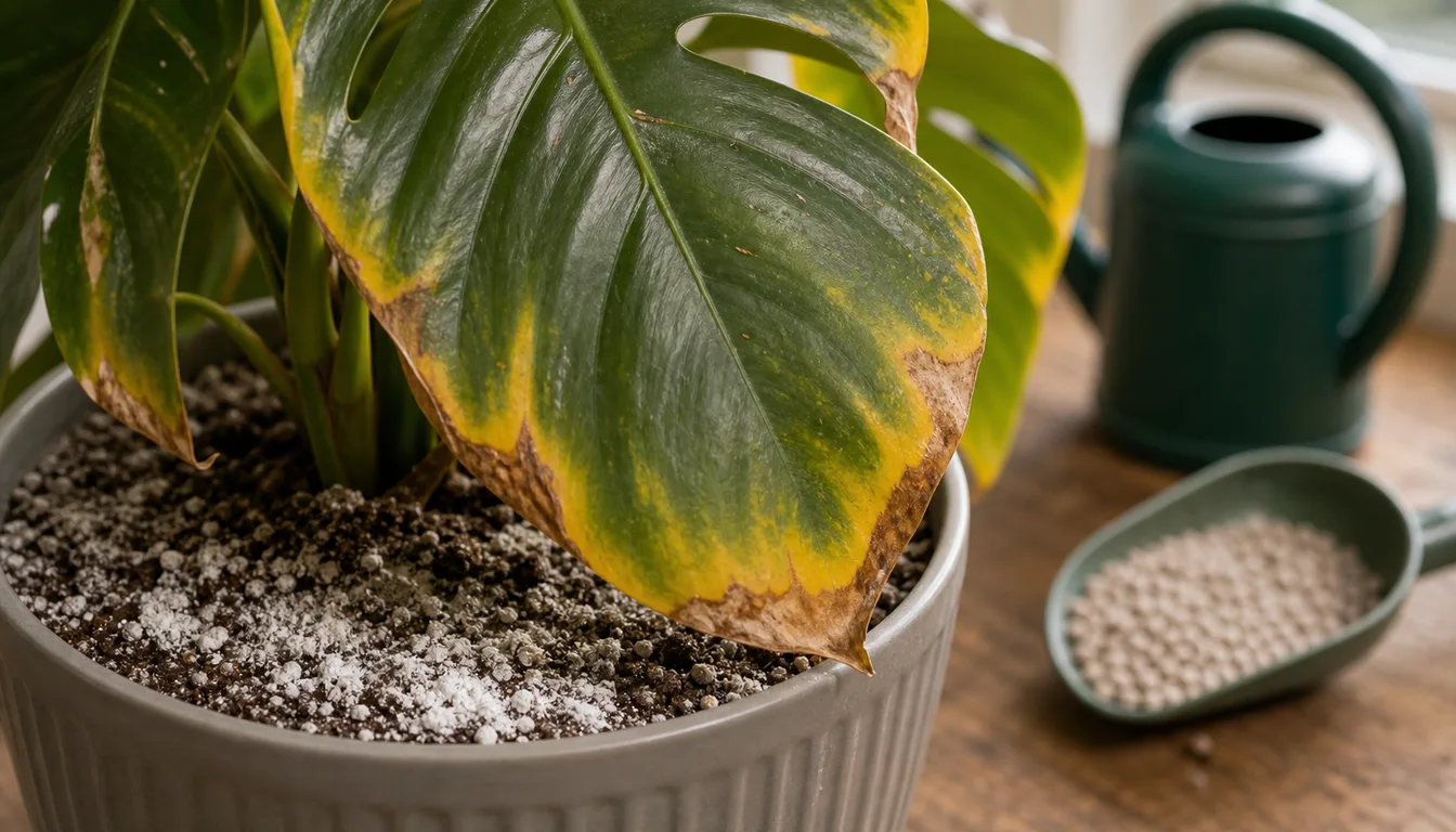 Monstera leaf with yellowing, browned margins above a pot whose soil surface is crusted with white fertilizer salt beside a scoop of granules