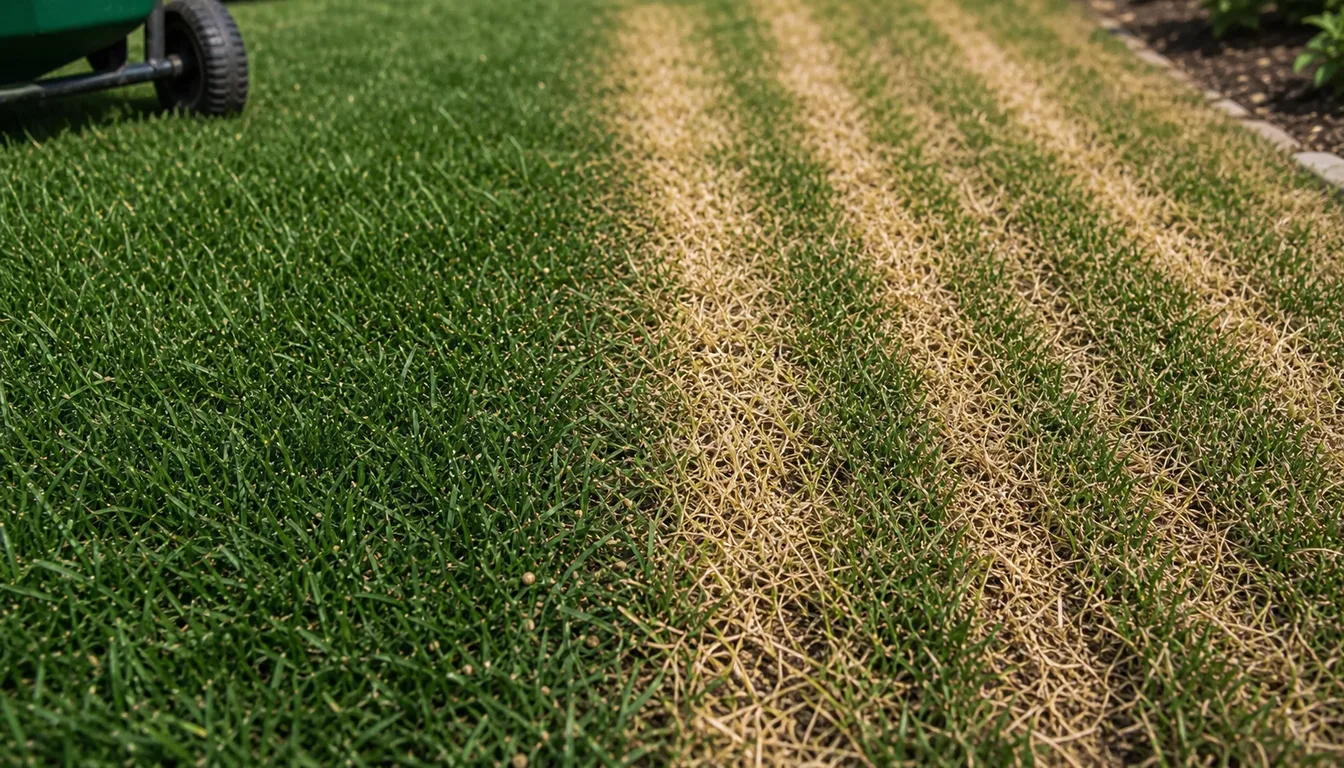 Green lawn crossed by parallel stripes of yellowed, scorched grass where fertilizer spreader passes overlapped