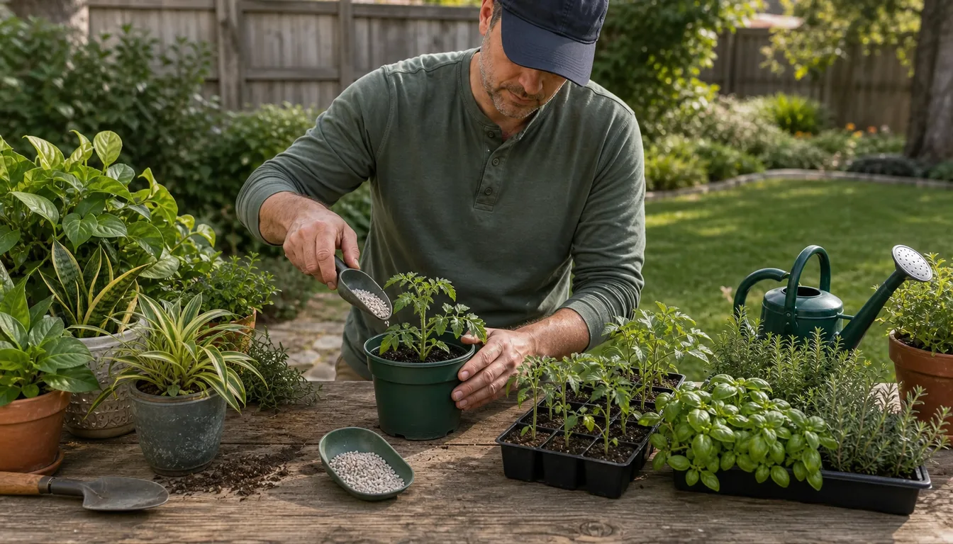 gardener fertilizing potted herbs and **tomato** seedlings on a backyard potting bench