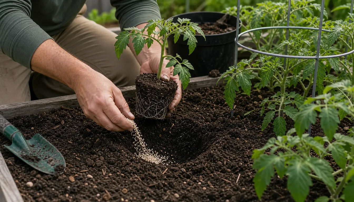 gardener transplanting tomato seedling into garden bed with fertilizer