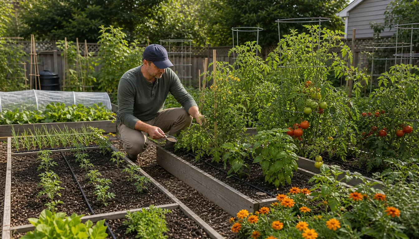 outdoor tomato plants at different growth stages in summer garden