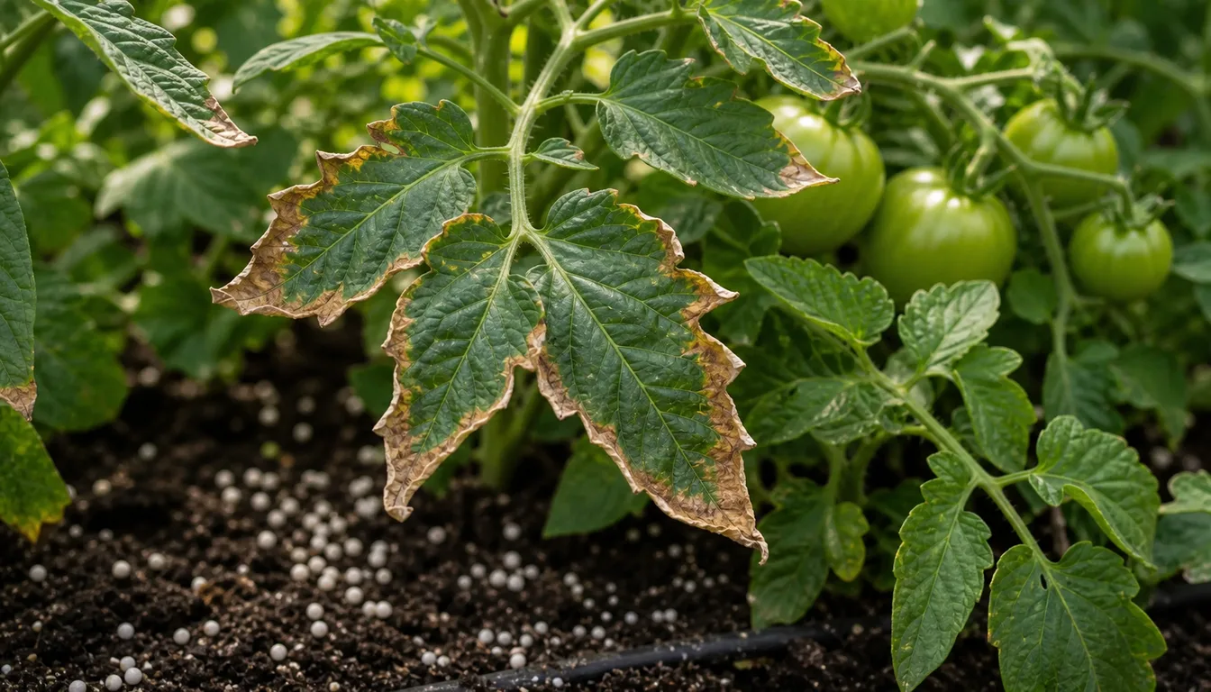 closeup of tomato leaves showing fertilizer burn on edges