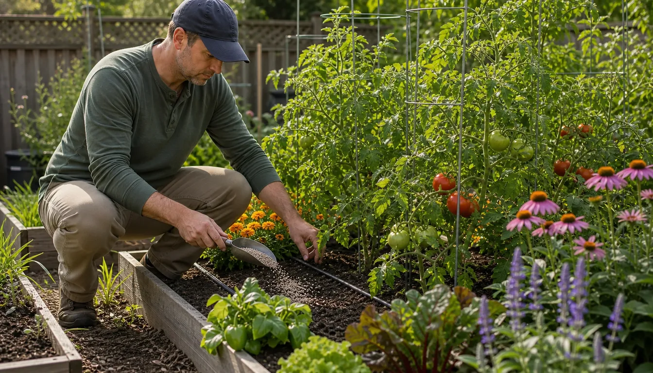 gardener side dressing tomato plants with granular fertilizer in a raised bed