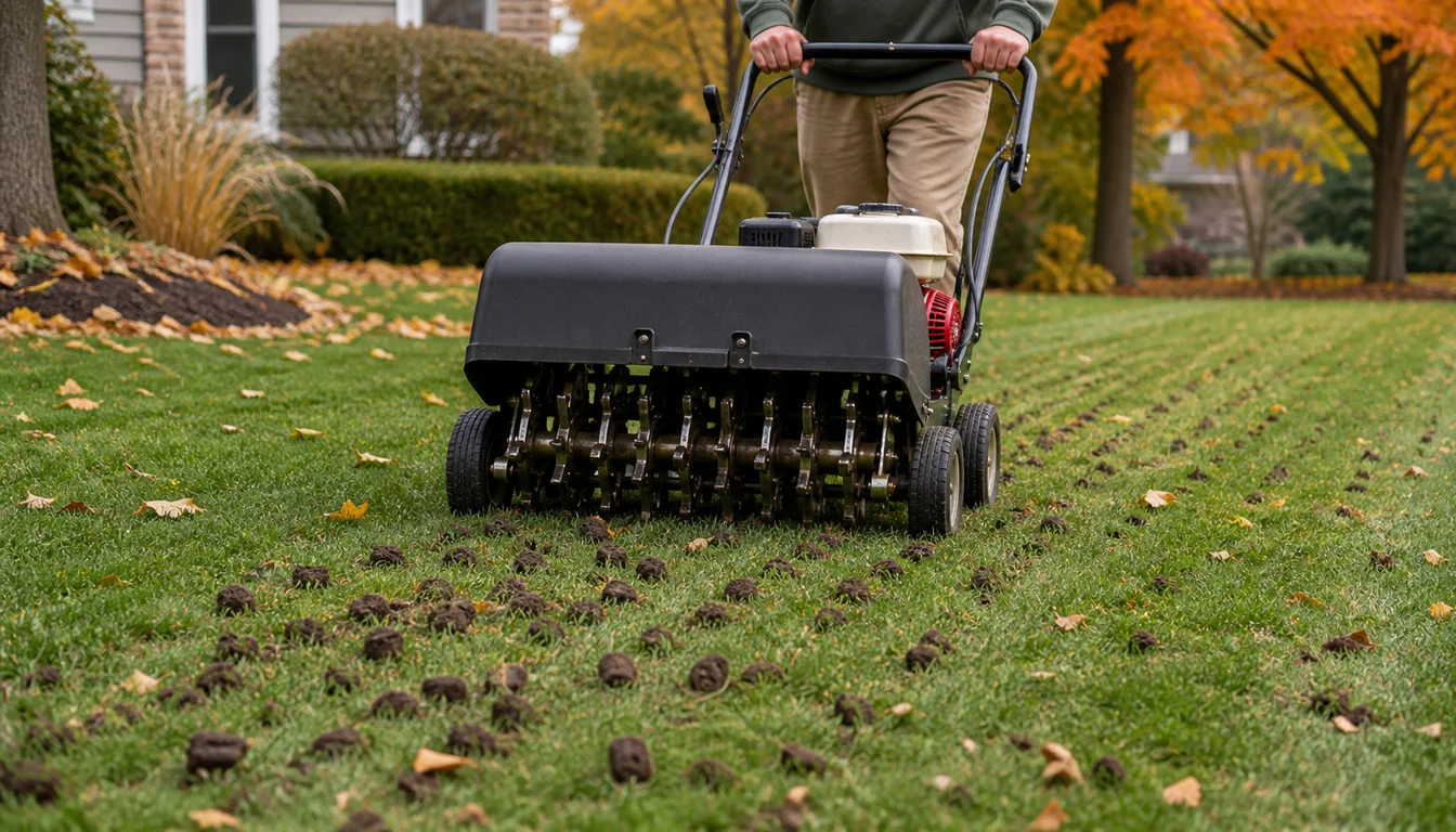 core aerator machine working on a cool season lawn in fall with leaves around