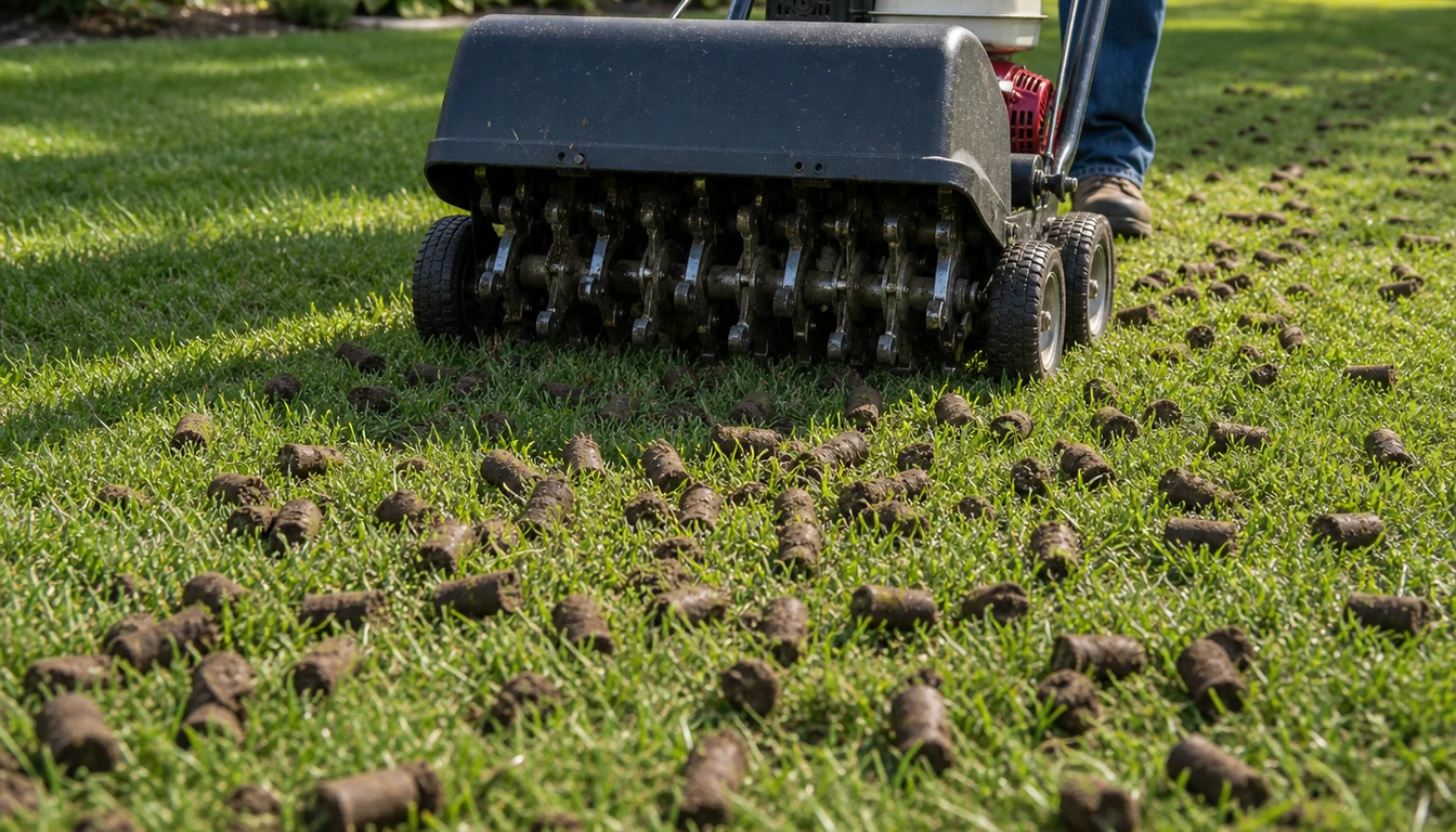 core plug aerator pulling soil cores across residential lawn