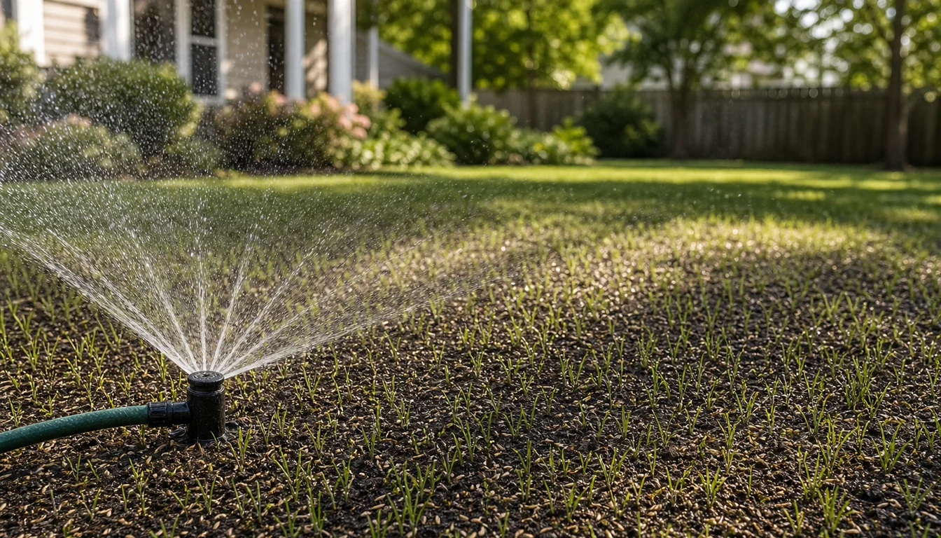 sprinkler gently watering newly overseeded lawn with visible seed