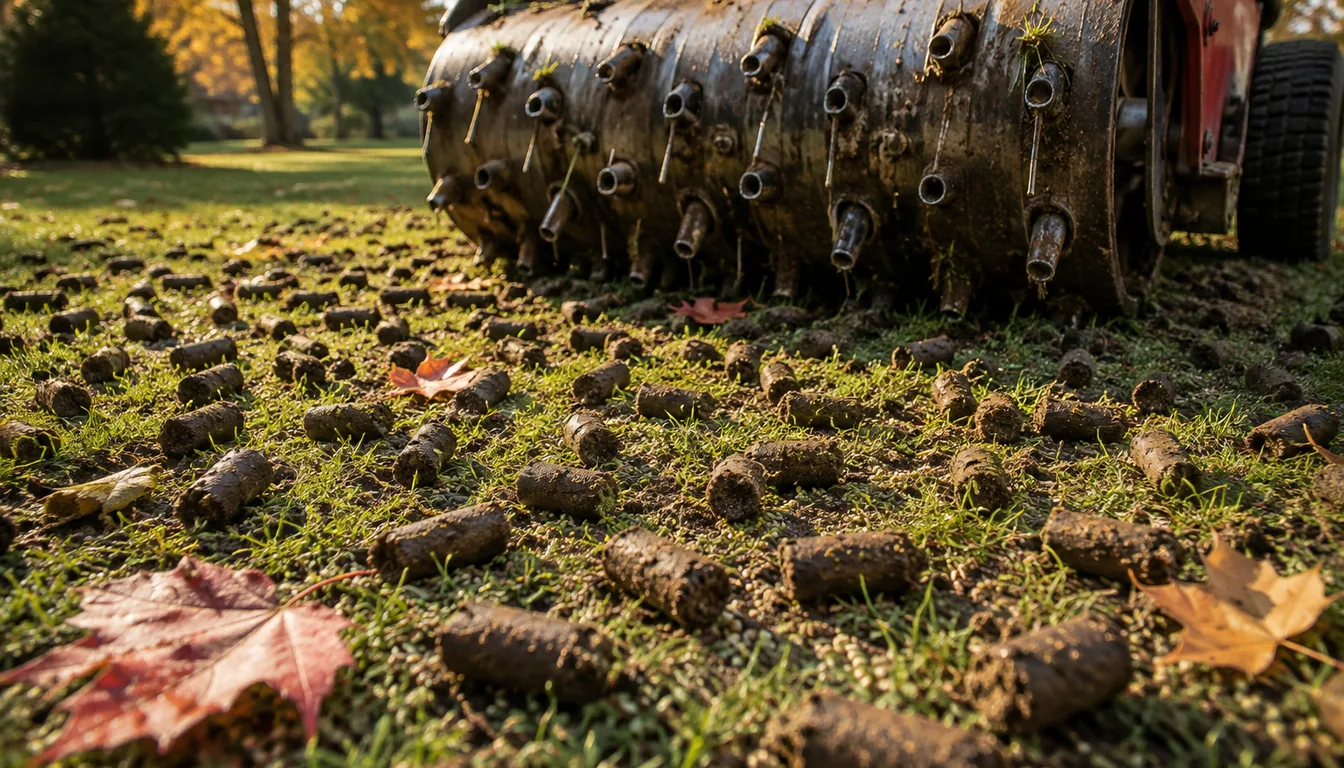 The coring drum of a walk-behind aerator resting on cool-season turf with dozens of finger-sized soil plugs scattered across the grass and fallen leaves among them