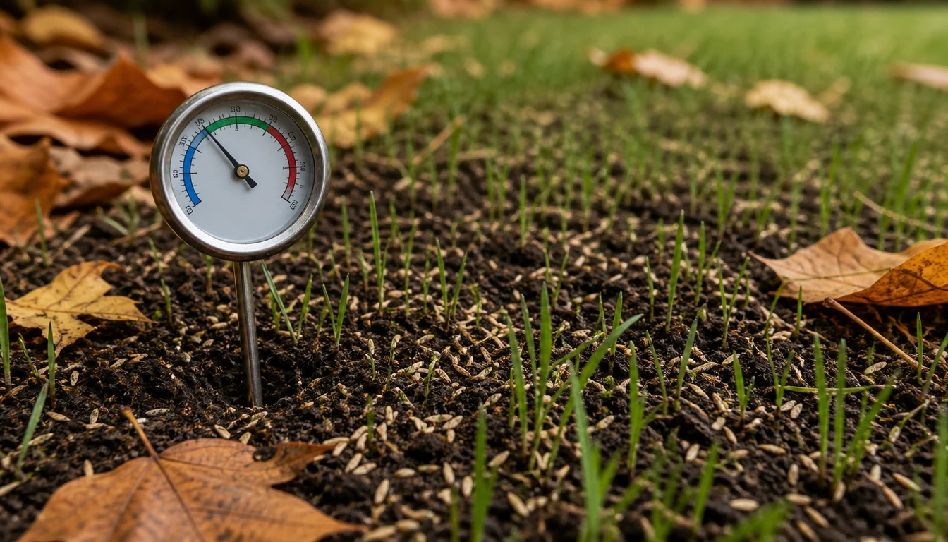 soil thermometer stuck in lawn showing 60 degrees Fahrenheit